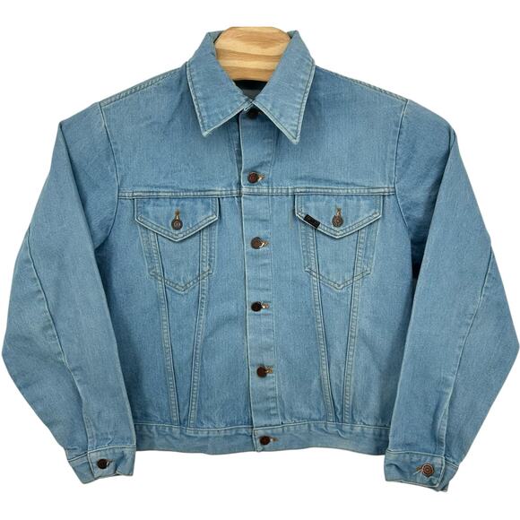 VTG 70s Men's Roebucks Light Wash Denim Dagger Collar Jean Trucker Jacket Sz 46L